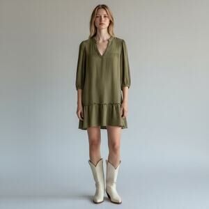 Self Contrast Olive Green Cotton Gauze Mini Dress Boho Peasant NWT S
